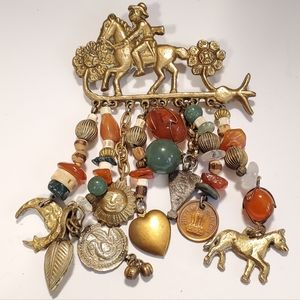 Antique Brass Farmers Carnelian Jade Gemstone Charms Brooch